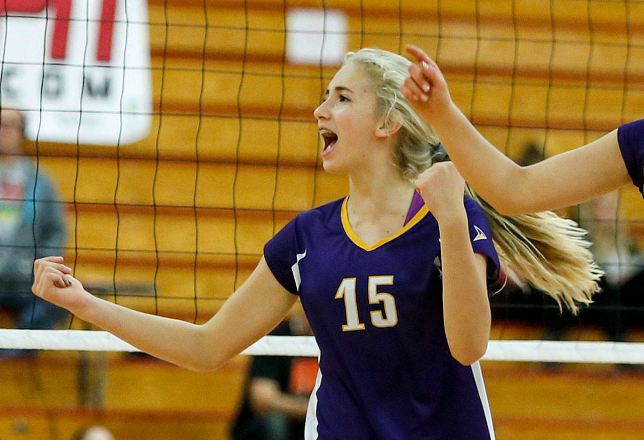 Lake Stevens’ Samaya Morin celebrates a point during a playoff game against Jackson on Nov. 2, 2017, at Marysville Pilchuck High School. (Ian Terry / The Herald)