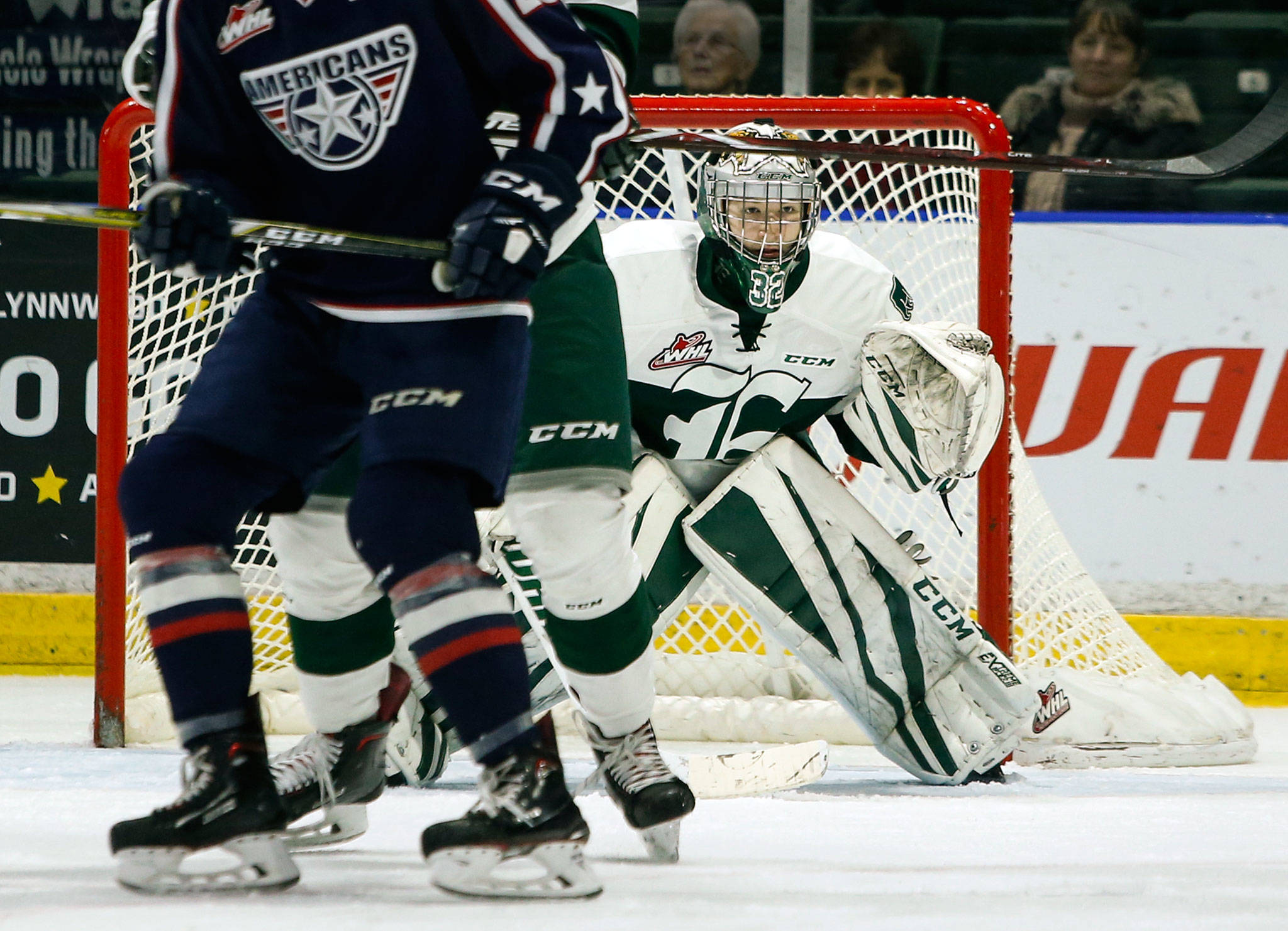 Silvertips goalie Dustin Wolf watches for the puck during the team’s 4-0 victory over the Tri-City Americans on Jan. 10 at Angel of the Winds Arena in Everett. (Ian Terry / The Herald)