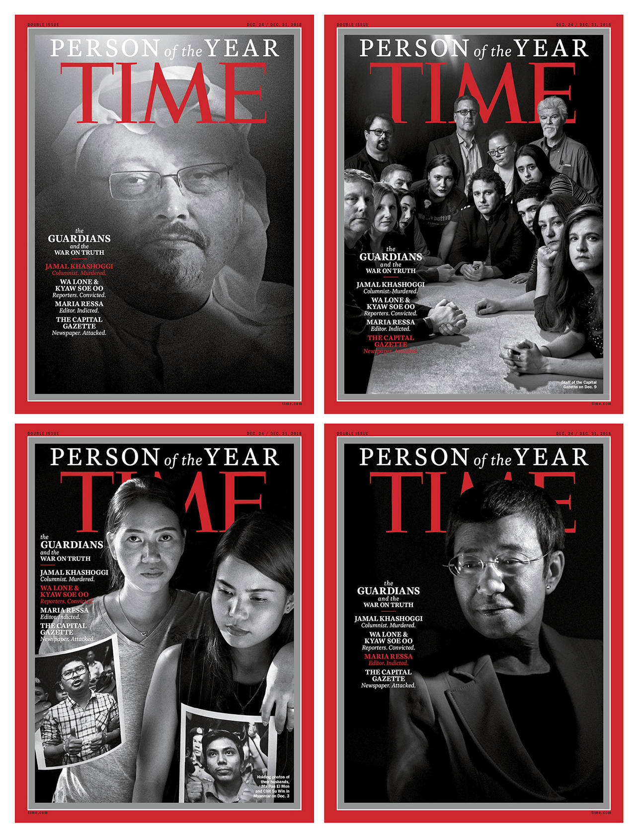 Four Time Magazine covers for “Person of the Year” show Jamal Khashoggi (top left), members of the Capital Gazette newspaper (top right), Wa Lone and Kyaw Soe Oo (bottom left), and Maria Ressa. (Time Magazine via AP)