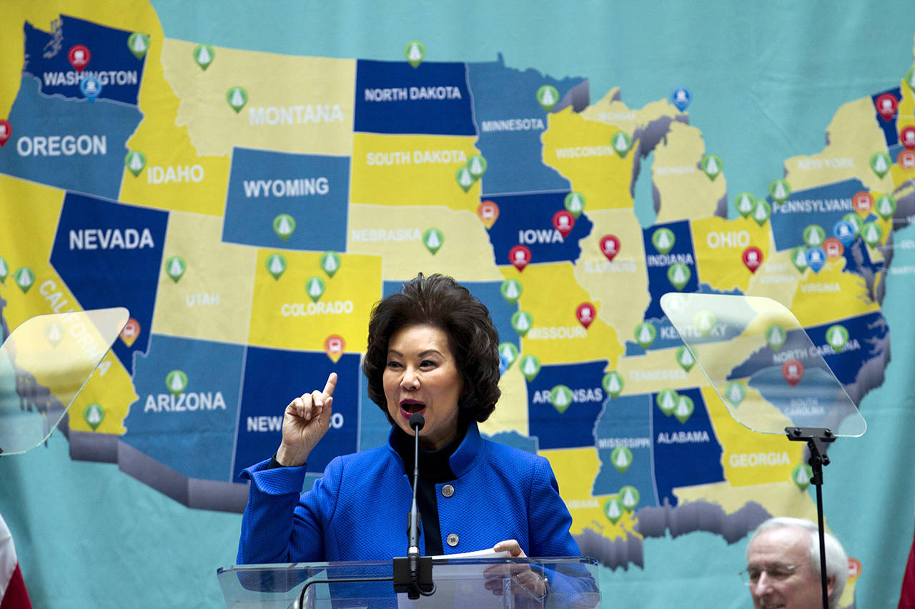 Transportation Secretary Elaine Chao speaks during a major infrastructure investment announcement at transportation headquarters in Washington on Tuesday. (AP Photo/Jose Luis Magana)