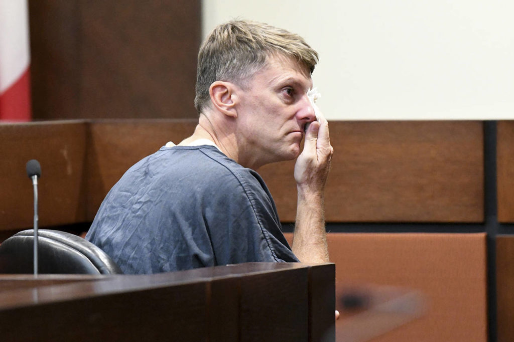 A recess is taken to give time to Brian Winchester to collect himself before continuing his testimony during a trial Tuesday in Tallahassee, Florida. (Alicia Devine/Tallahassee Democrat via AP, Pool)
