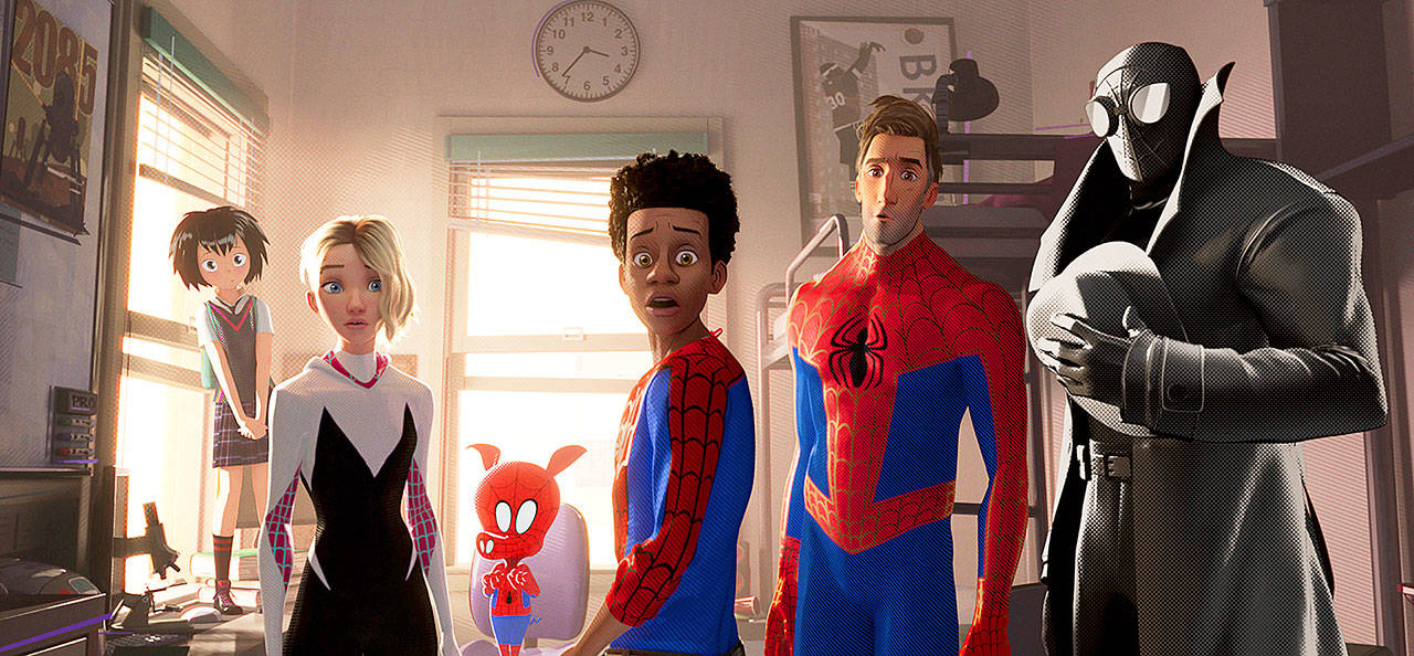 Multiple universes hold different Spideys in “Spider-Man: Into the Spider-Verse.” There’s Peni, voiced by Kimiko Glen, Spider-Gwen, voiced by Hailee Steinfeld, Spider-Ham, voiced by John Mulaney, Miles Morales, voiced by Shameik Moore, Peter Parker, voiced by Jake Johnson, and Spider-Man Noir, voiced by Nicolas Cage. (Sony Pictures Animation)