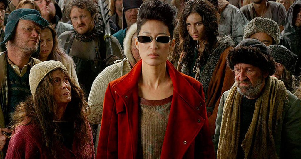 Anna Fang (Jihae) is a pilot and leader in the Anti-Traction League, a resistance group banding against the moving cities devouring Earth’s resources in “Mortal Engine.” (Universal Pictures)
