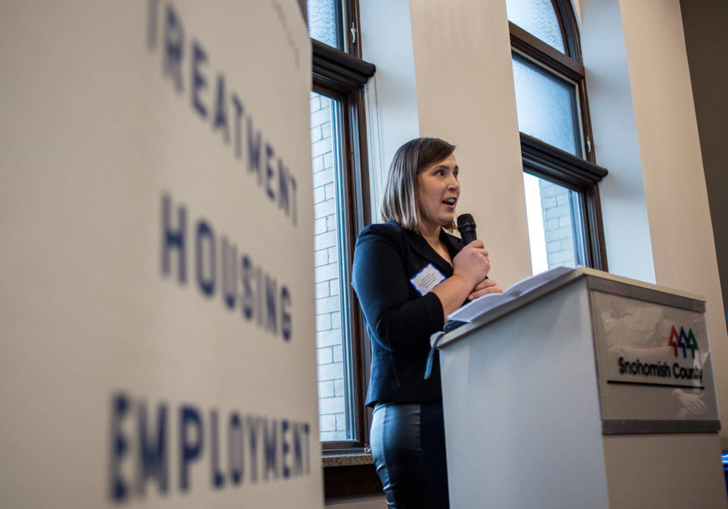 Snohomish County’s Executive Office’s Chief of Staff Lacey Harper speaks during the Carnegie Building open house on Thursday. (Olivia Vanni / The Herald)
