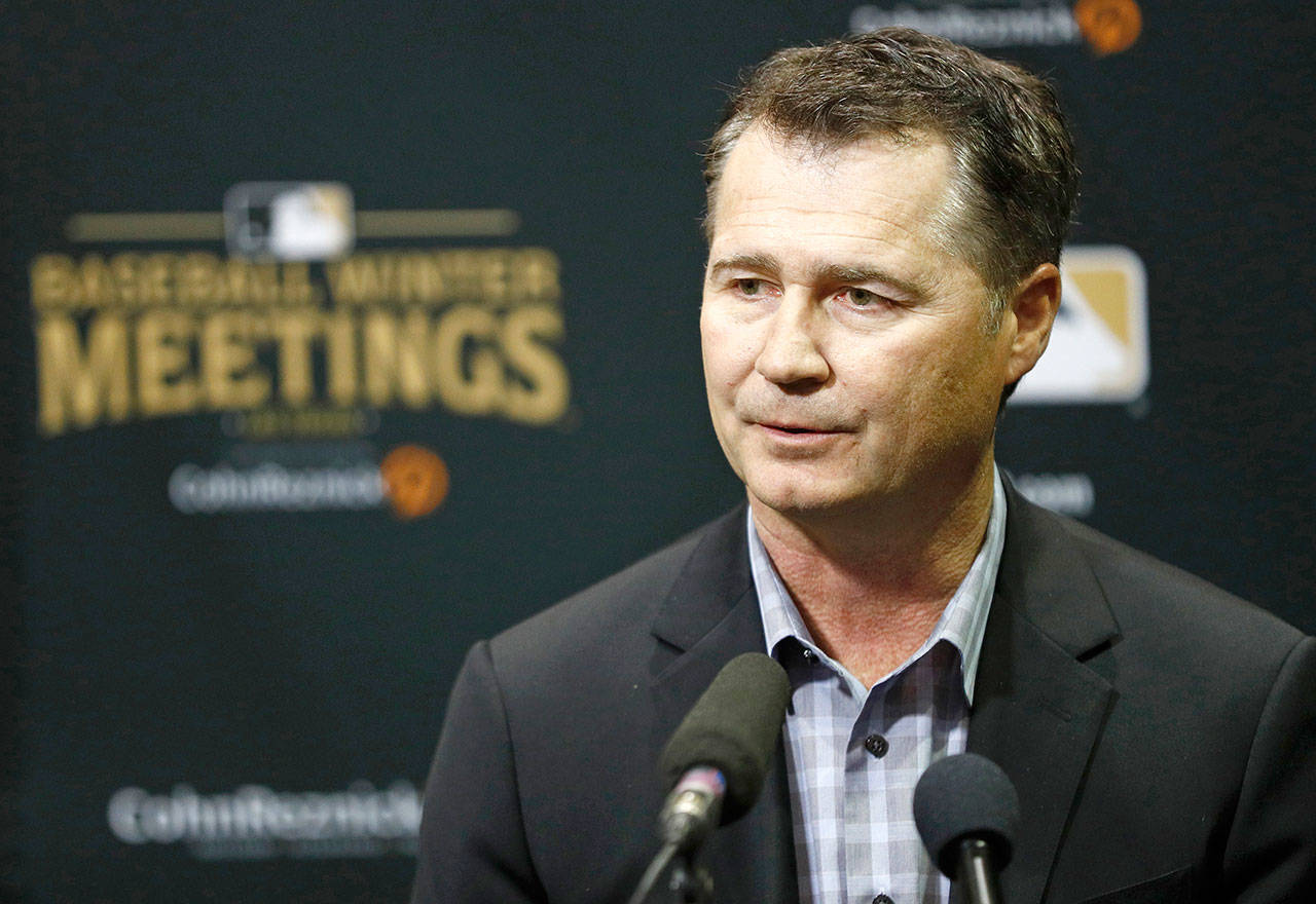 Seattle manager Scott Servais addressed allegations of racist behavior made by the Mariners’ former director of high performance at a news conference at the MLB winter meetings Tuesday in Las Vegas. (AP Photo/John Locher)