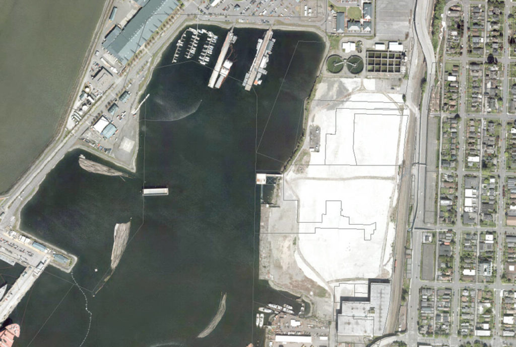 This aerial view from 2015 shows the former Kimberly-Clark mill site on the Everett waterfront. Naval Station Everett lies to the north and west, the Port of Everett’s shipyard to the south. (Snohomish County)

