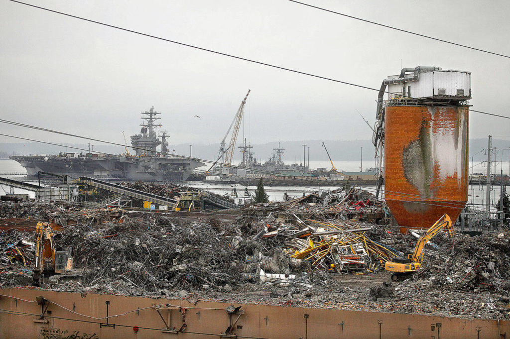 This January 2013 photo shows the massive demolition of the Kimberly-Clark Pulp and Paper Mill along the Everett waterfront. (Dan Bates / Herald file)
