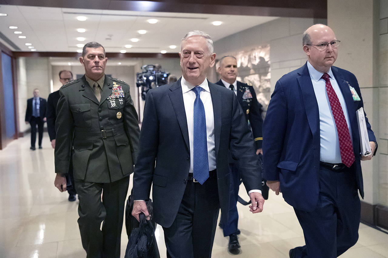 Secretary of Defense Jim Mattis arrives to give House members a classified security briefing on the murder of Jamal Khashoggi and Saudi Arabia’s war in Yemen, on Capitol Hill in Washington on Thursday. (AP Photo/J. Scott Applewhite)