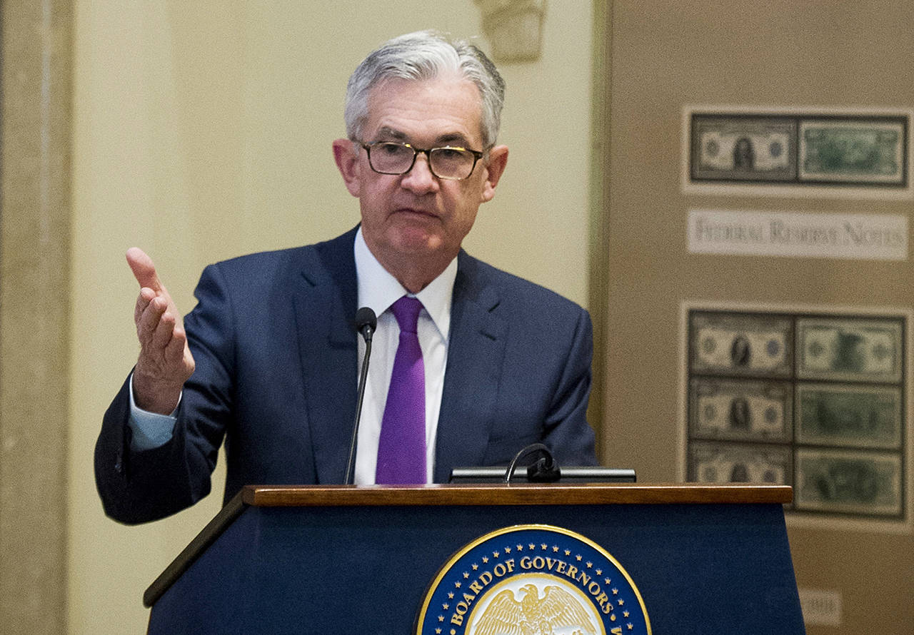 Federal Reserve Chairman Jerome Powell addresses the Federal Reserve Board’s 15th annual College Fed Challenge Finals in Washington on Nov. 29. (AP Photo/Cliff Owen, File)