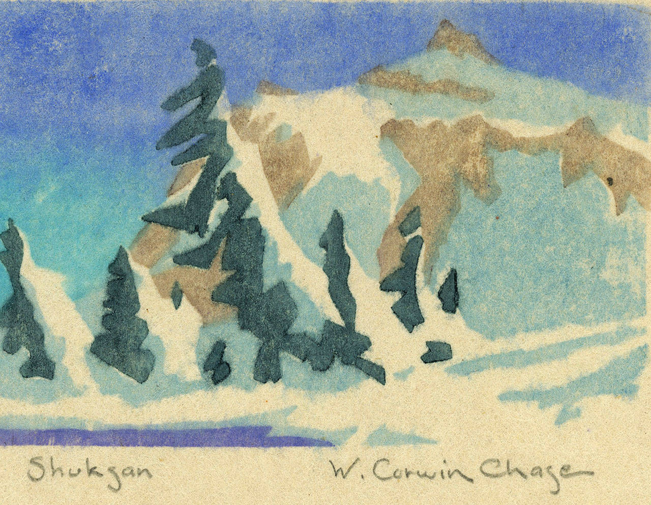 “Vintage Christmas Cards by Northwest Artists,” with works from the 1900s to the ’90s will also be on display at the Cascadia Art Museum through Jan. 6. Shown is Corwin Chase’s “Mount Shuksan” from 1928.