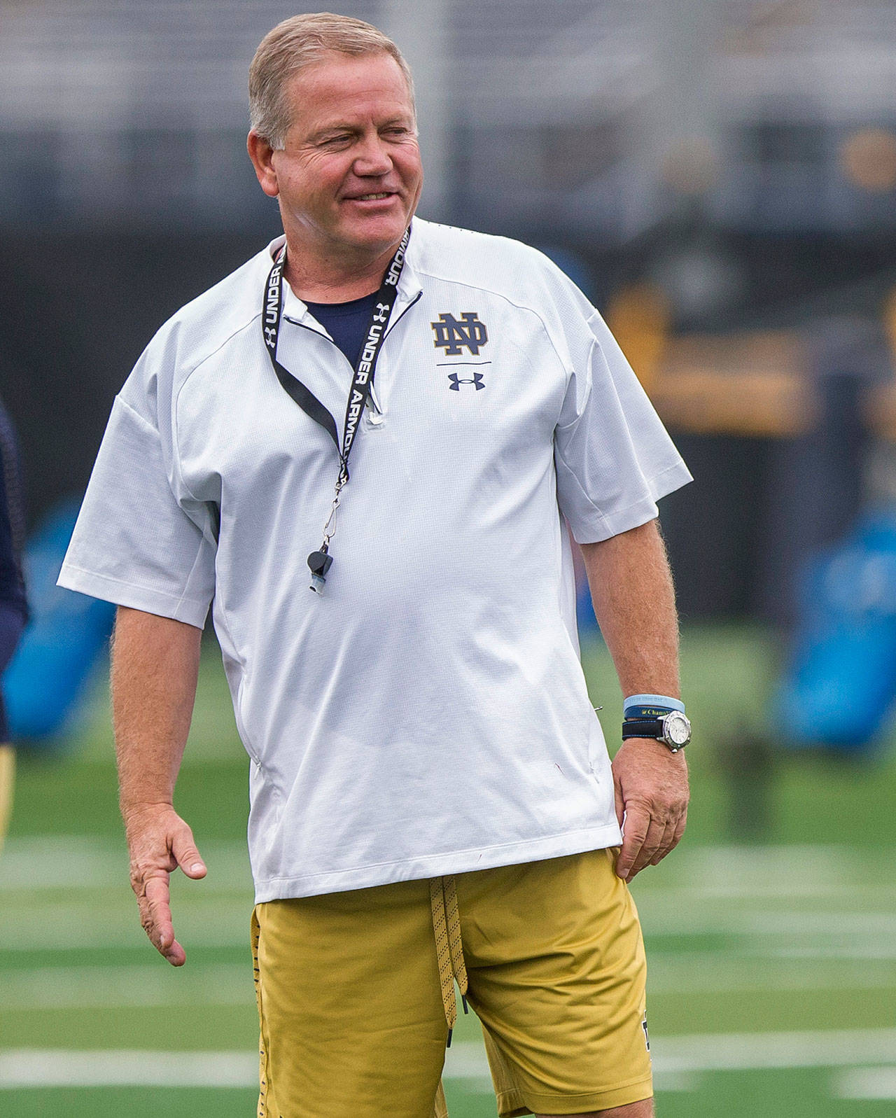 Notre Dame football coach Brian Kelly smiles during a practice in August in South Bend, Indiana. On Monday, Kelly was named The Associated Press college football Coach of the Year. (Robert Franklin/South Bend Tribune via AP, File)