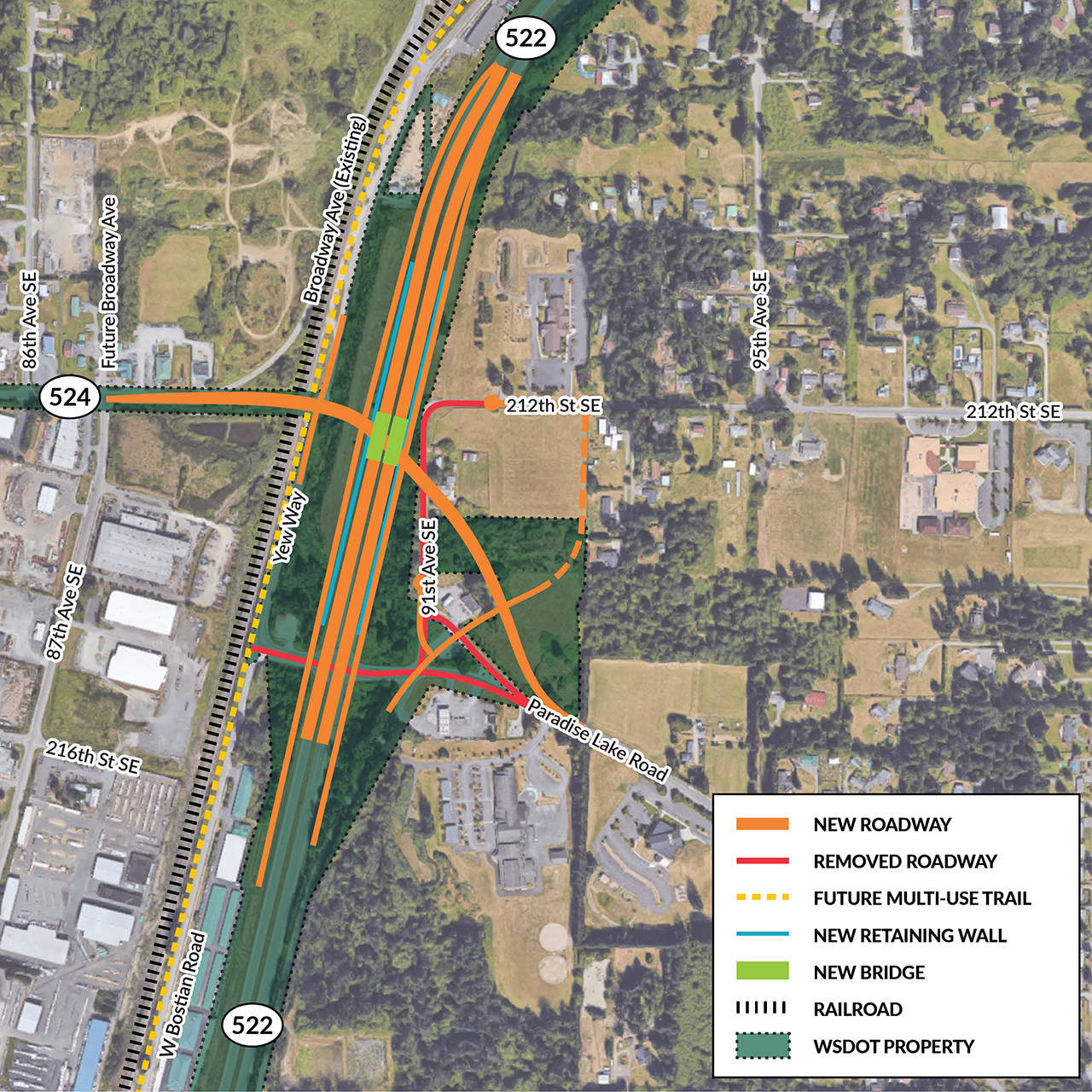A preliminary concept of a proposed new interchange on Highway 522 at Paradise Lake Road in Maltby. (WSDOT)