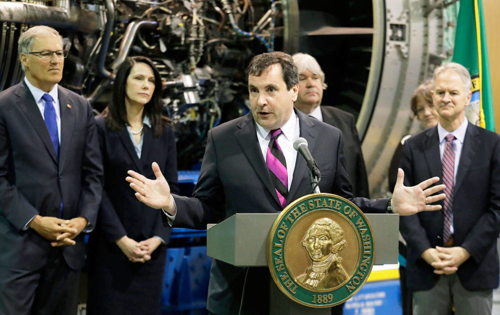 Richard Aboulafia, vice president of analysis for the Fairfax, Virginia-based Teal Group, speaks June 6 at South Seattle College during a news conference. (AP Photo/Ted S. Warren, file)
