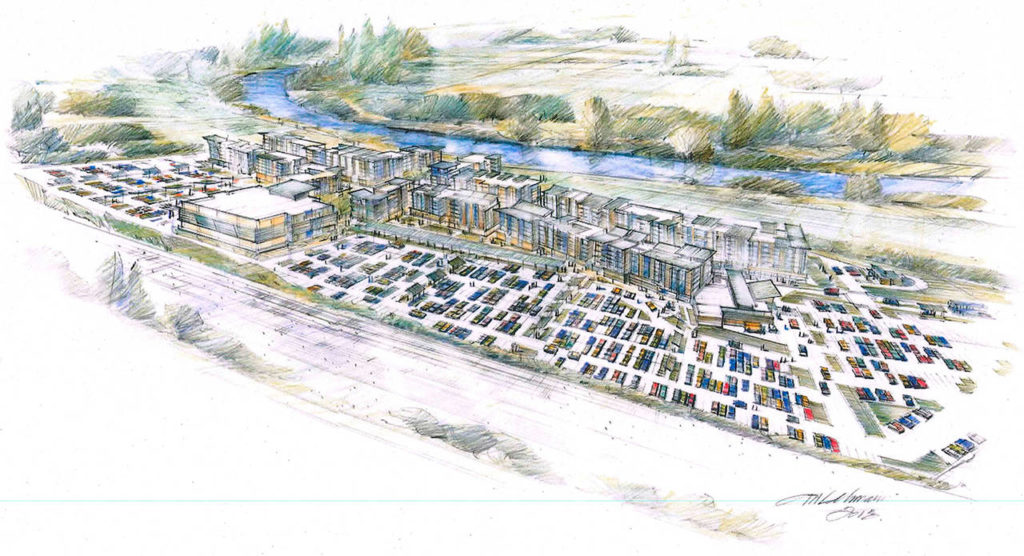 An artist’s drawing shows the planned 70-acre Riverfront development off 41st Street in Everett. (Shelter Holdings)
