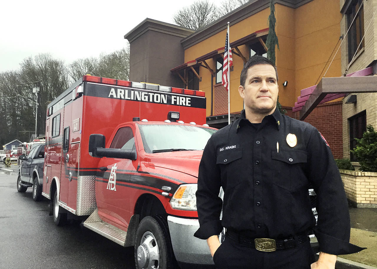 Arlington Fire Chief Dave Kraski stands outside Station #46 downtown. (Arlington Times)
