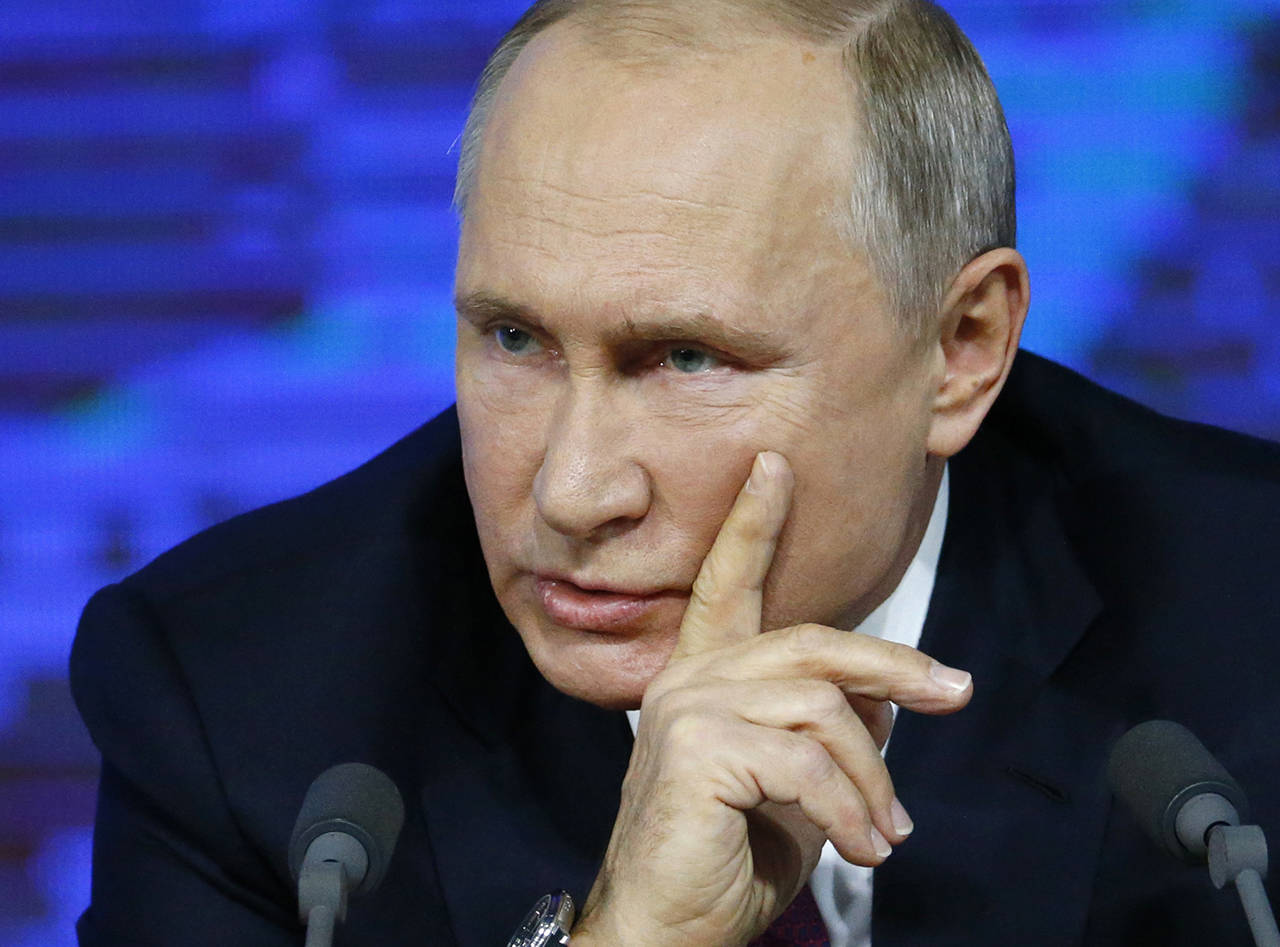 Russian President Vladimir Putin speaks during his annual news conference in Moscow, Russia, on Thursday. (AP Photo/Alexander Zemlianichenko)
