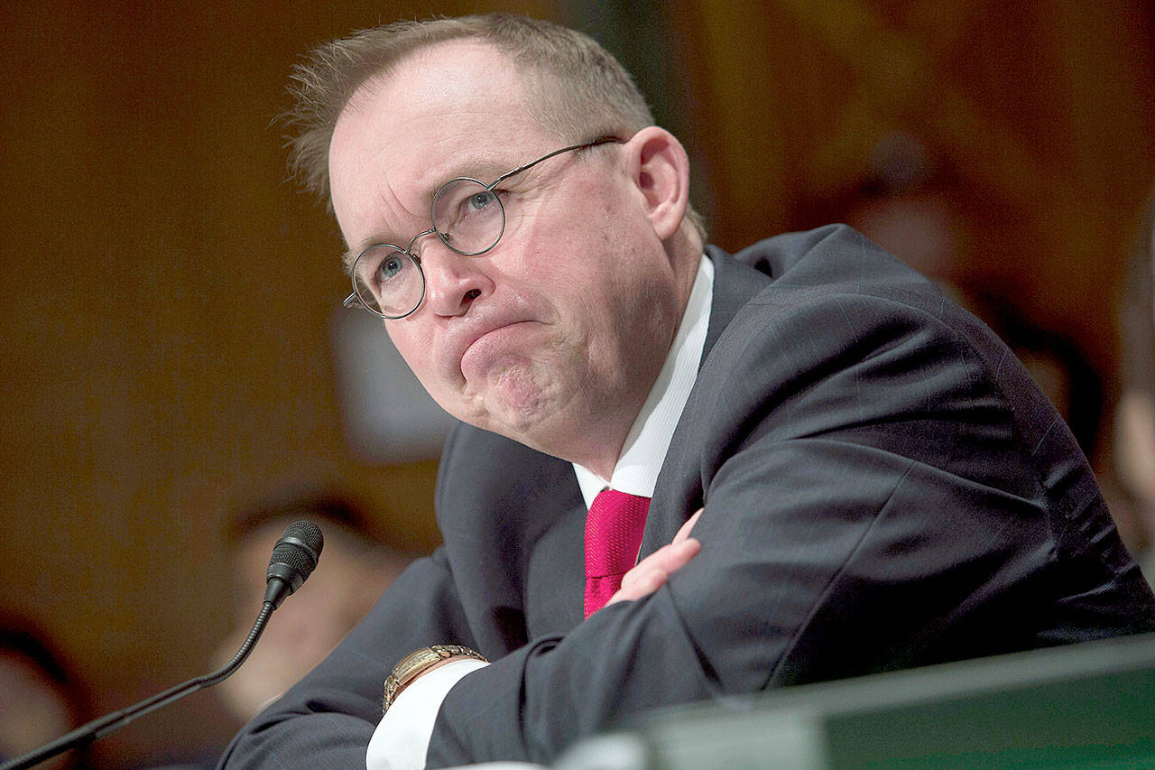 Mick Mulvaney during a Senate Banking committee hearing in Washington on April 12. (Toya Sarno Jordan / Bloomberg News)