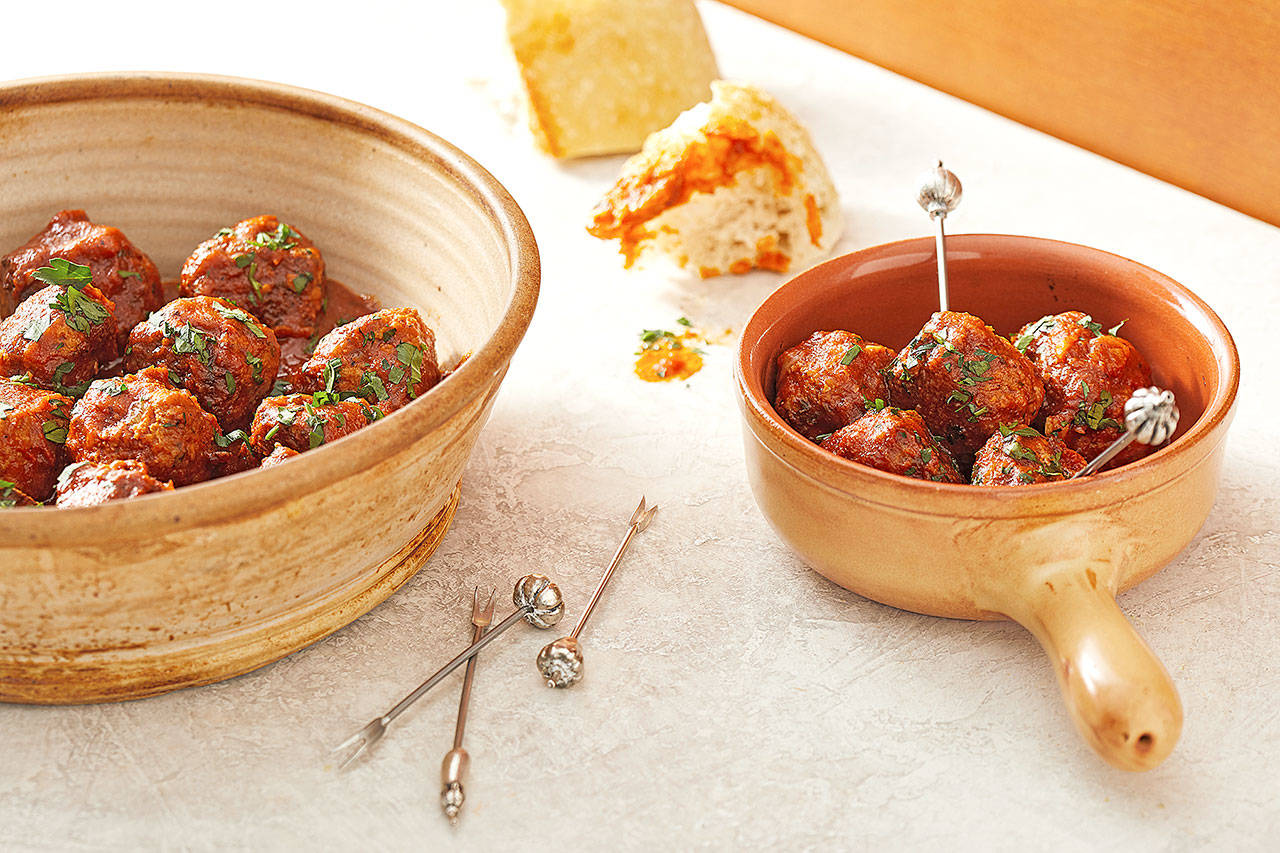 Tapas-style turkey meatballs call for a mix of light and dark meat. They’re healthful and lean, but also quite moist and tender. (Photo by Tom McCorkle for The Washington Post)