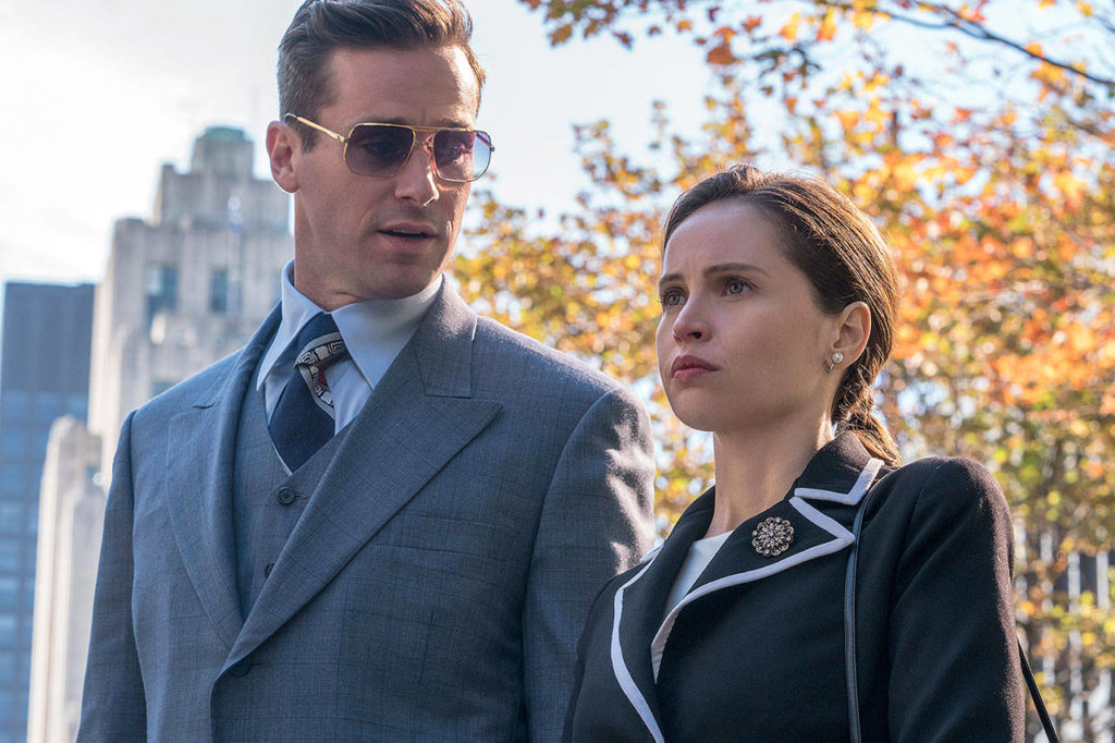 Felicity Jones portrays Ruth Bader Ginsburg (right) and Armie Hammer portrays her husband, Marty Ginsburg, in “On the Basis of Sex.” (Focus Features)
