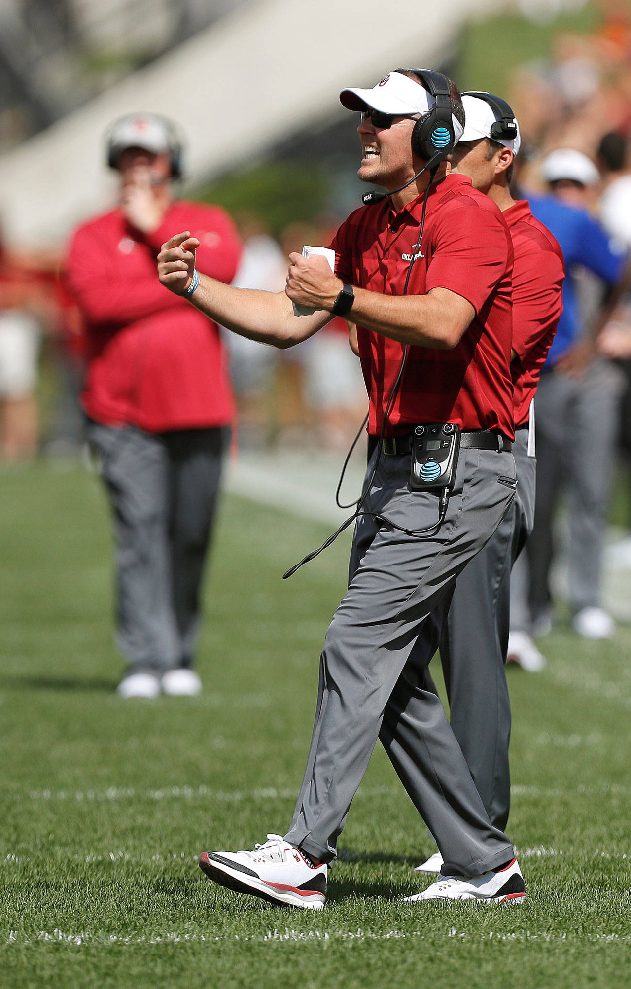 Oklahoma head coach Lincoln Riley reacts during the first half of a Sept. 15 game in Ames, Iowa. Riley held a variety of positions on Washington State coach Mike Leach’s staff at Texas Tech between 2003-09. (AP Photo/Matthew Putney)