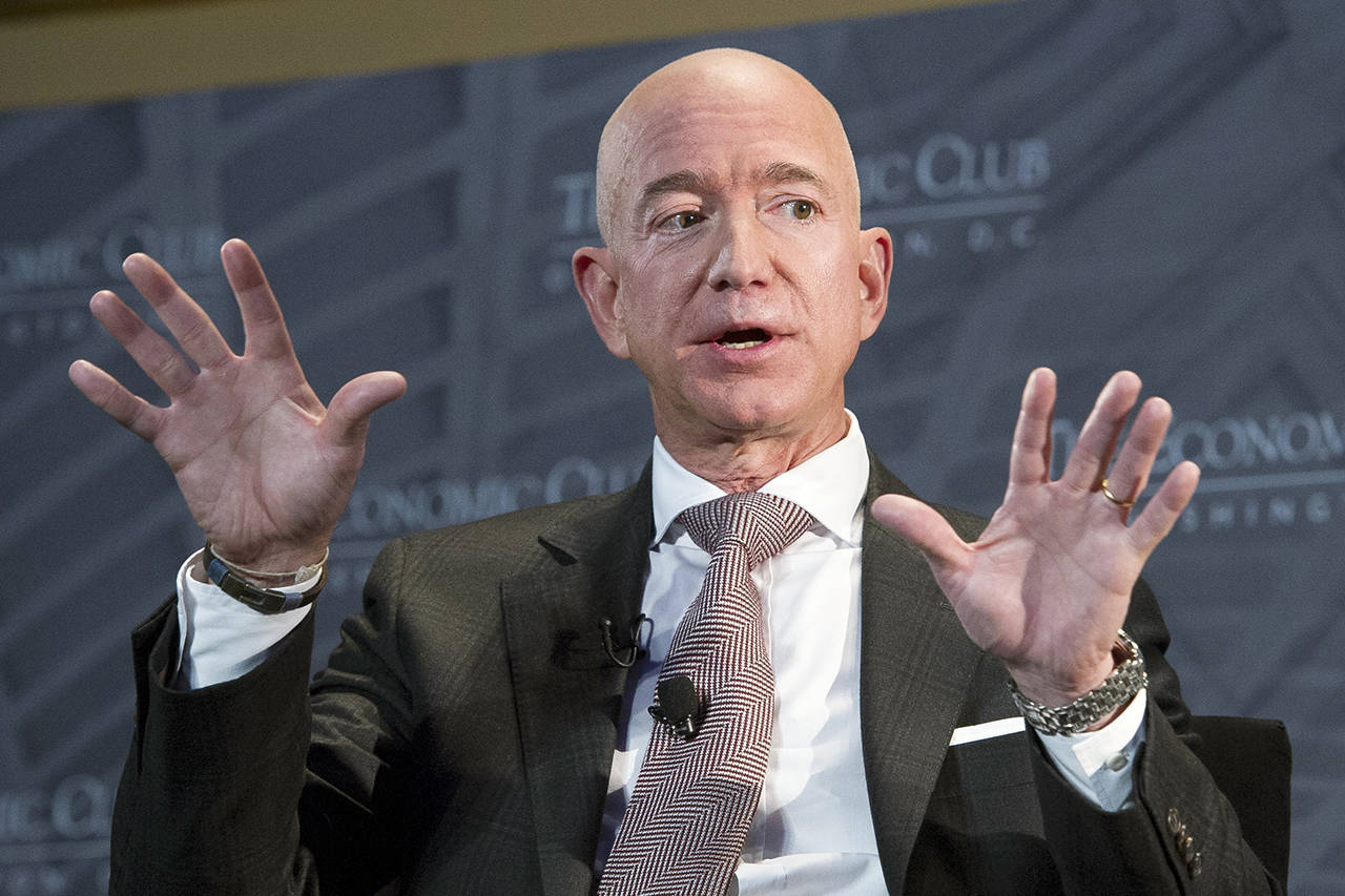 In this Sept. 13 photo, Jeff Bezos, Amazon founder and CEO, speaks at The Economic Club of Washington’s Milestone Celebration in Washington. (AP Photo/Cliff Owen, File)