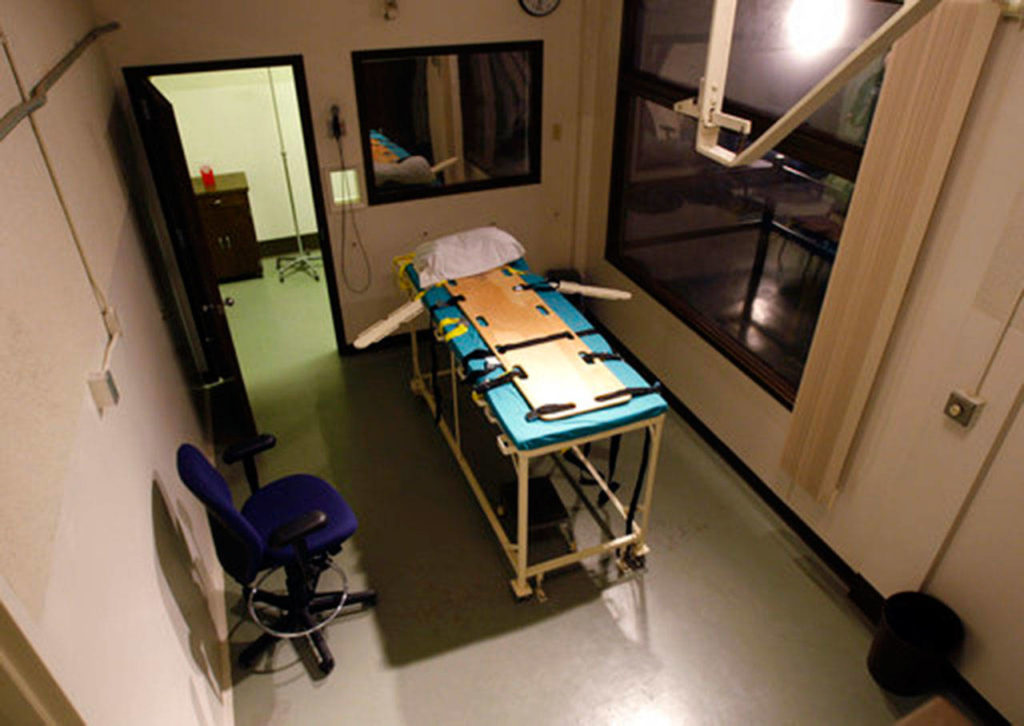 This 2008 photo shows the execution chamber at the Washington State Penitentiary, with the witness gallery behind glass, in Walla Walla. Washington state’s Supreme Court ruled Oct. 11, 2018, that the death penalty violates its Constitution. (AP Photo/Ted S. Warren, File)
