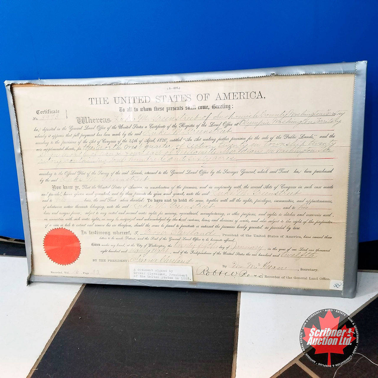 An 1888 land title from Lynnwood is up for auction in Canada, with what appears to be the signature of Grover Cleveland. (Courtesy of Scribner Auction)