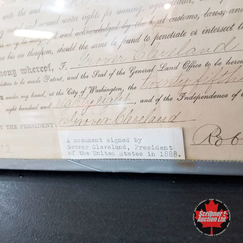 An 1888 land title from Lynnwood is up for auction in Canada, with what appears to be the signature of Grover Cleveland. (Courtesy of Scribner Auction)

