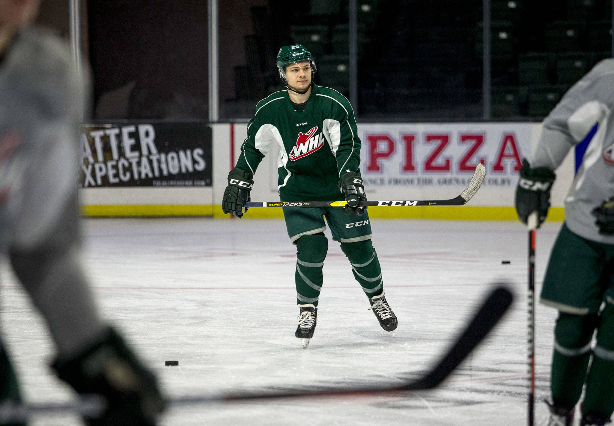Zack Andrusiak skates toward the bench during Silvertips practice Wednesday in Everett. (Olivia Vanni / The Herald)