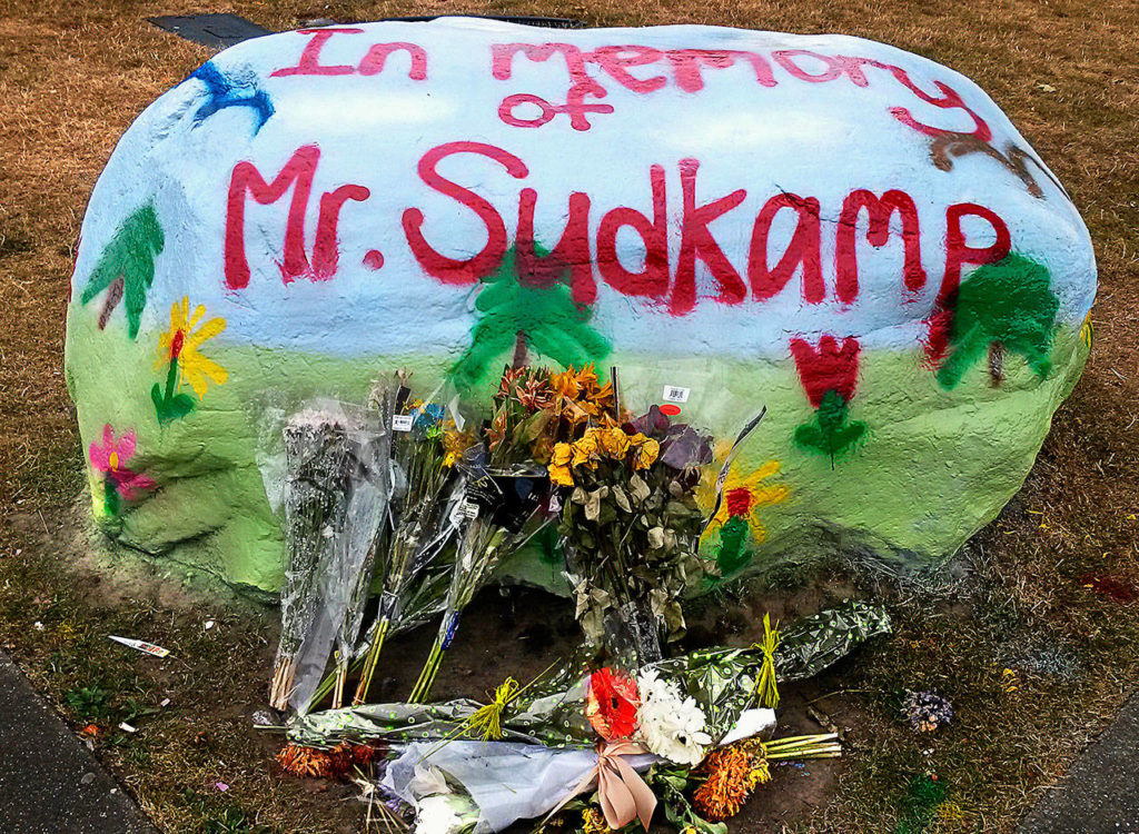 A rock on the Everett High School campus was painted in honor of Andy Sudkamp after the 55-year-old biology teacher died on Aug. 4, 2015, during a hiking trip at the Grand Canyon. (Julie Muhlstein / The Herald)
