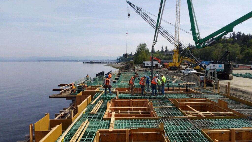 Construction crews work on the Mukilteo Multimodal Terminal Project. (Washington State Department of Transportation)
