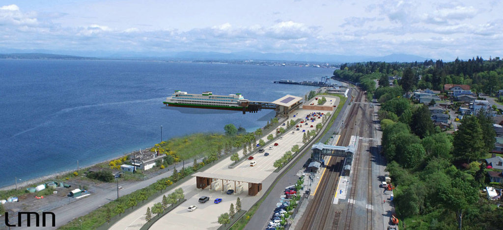 This conceptual rendering shows how the new terminal and holding lanes at the Mukilteo ferry terminal will look. (Washington State Department of Transportation)
