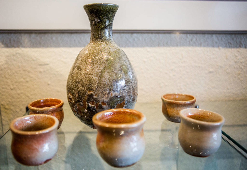 A woodfired sake set by Skip Schwartz on display at Gallery North in Edmonds. (Olivia Vanni / The Herald)
