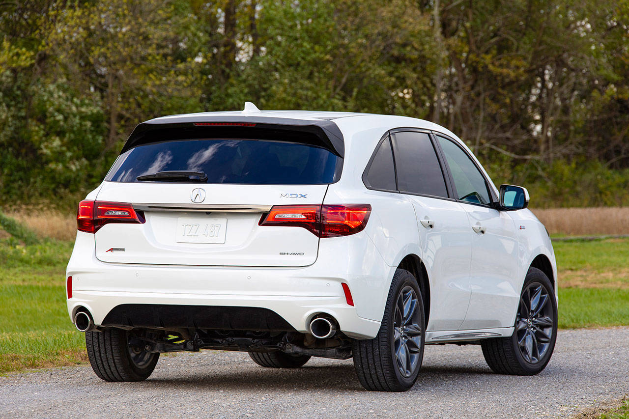 The 2019 Acura MDX midsize premium SUV has seating for up to seven passengers. The new A-Spec model is shown here. (Manufacturer photo)