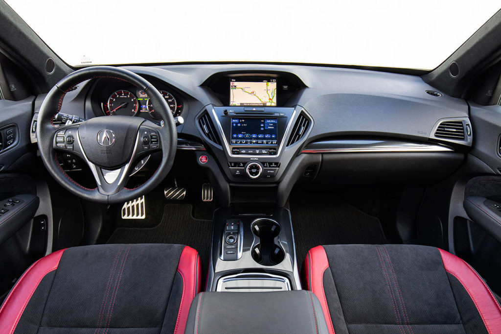 Interior features of the 2019 Acura MDX A-Spec interior include sport seats with Alcantara inserts, high contrast stitching, and a model-exclusive steering wheel and gauges. (Manufacturer photo)
