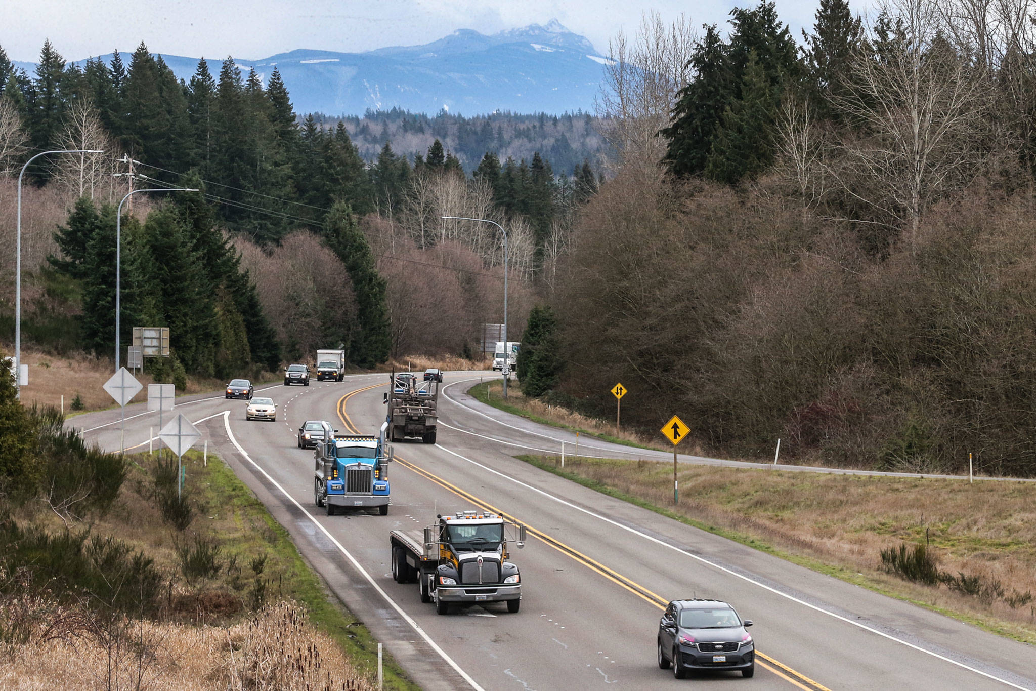 Looking east from the Highway 9 overpass over U.S. 2 on Tuesday afternoon in Snohomish. Median barriers are planned later. (Kevin Clark / The Herald)