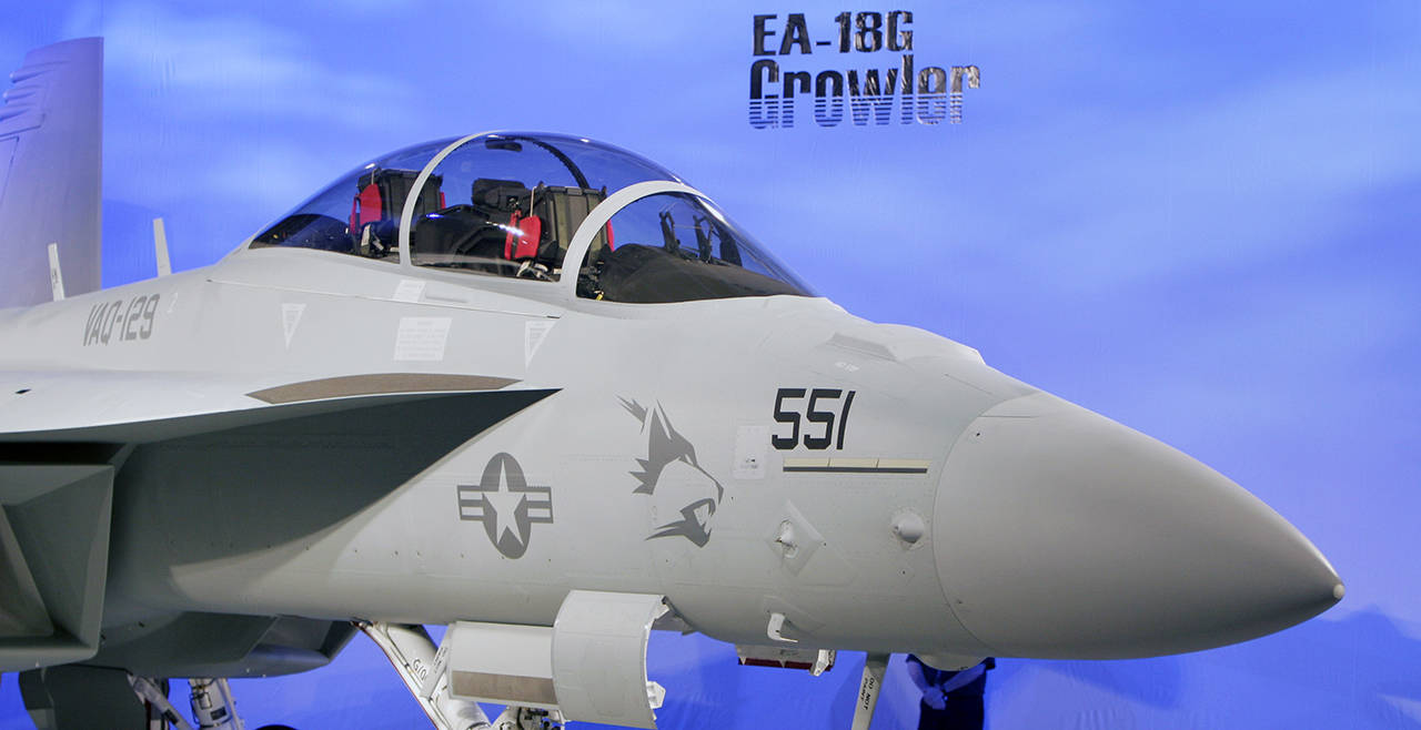A Boeing EA-18G Growler sits on display during a ceremony marking delivery of the first production version of the airborne electronic attack aircraft on Sept. 24, 2007, at a Boeing production facility in Berkeley, Missouri. (AP Photo/Jeff Roberson, file)
