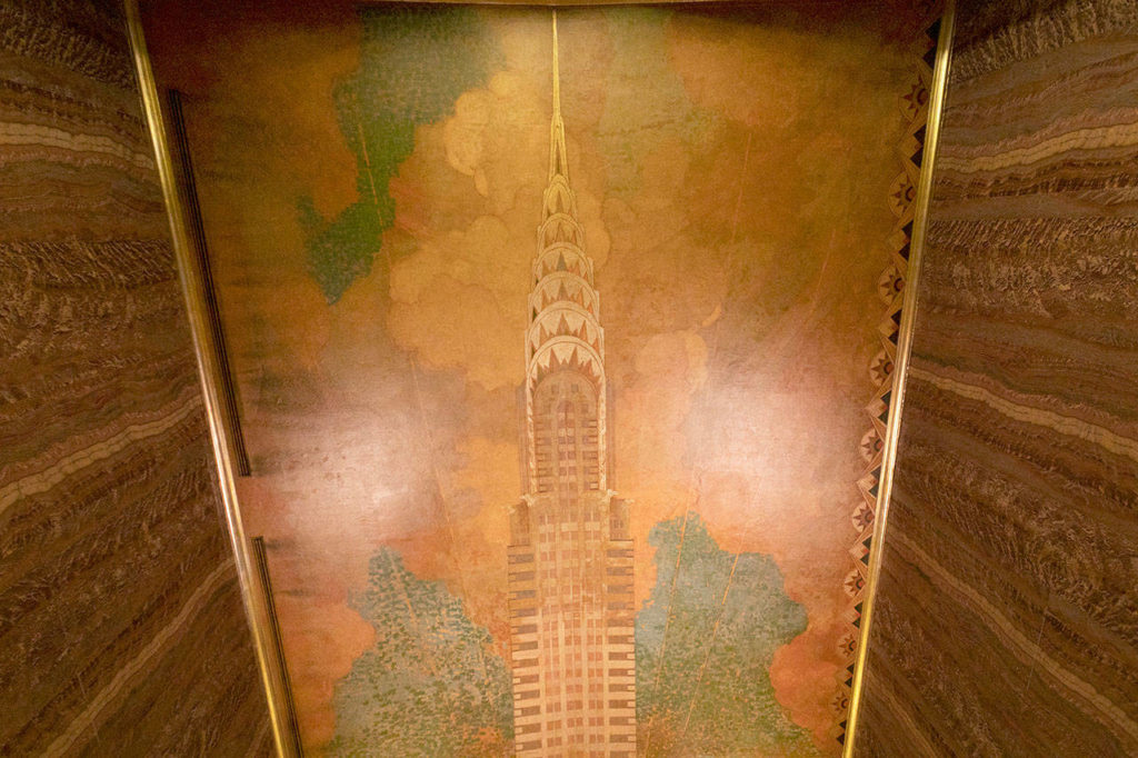 A painting of the Chrysler Building adorns the lobby ceiling. (Mark Lennihan / Associated Press)
