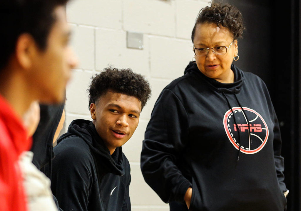 Marysville Pilchuck’s RaeQuan Battle (left) with his mom Jacqueline Williams-Battle at the Tulalip Boys & Girls Club on jan. 12, 2019, in Tulalip. (Kevin Clark / The Herald)
