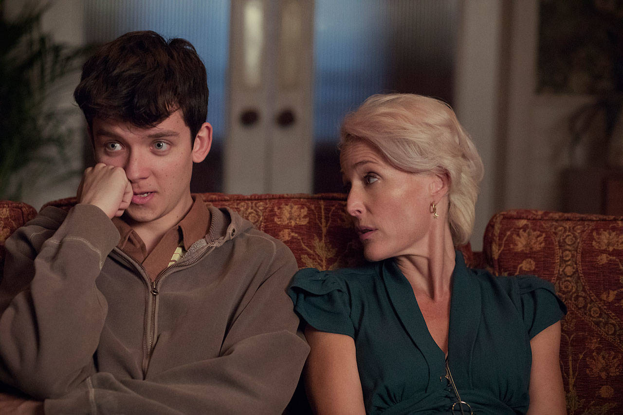 Asa Butterfield and Gillian Anderson in Netflix’s “Sex Education.” (Sam Taylor / Netflix)
