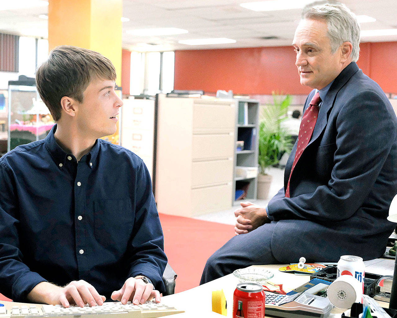John Karna (left) and Bradley Whitford co-star in the National Geographic’s series “Valley of the Boom,” which explores the birth of the internet. (Bettina Strauss/National Geographic)