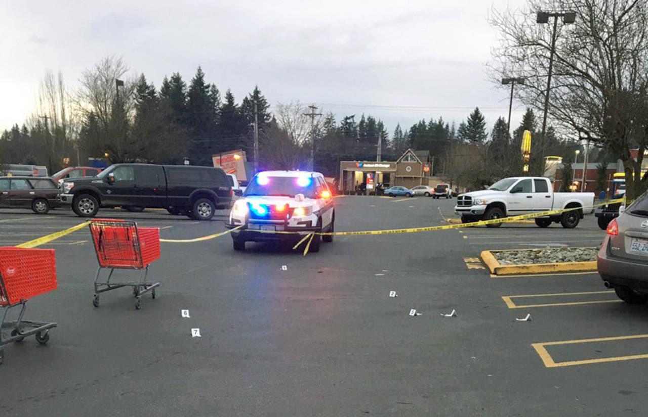 Police taped off the parking lot at the Coastal Farm & Ranch store in Marysville on Dec. 22 after shots were fired by bystanders at suspected shoplifters. (Marysville Police Department, file)