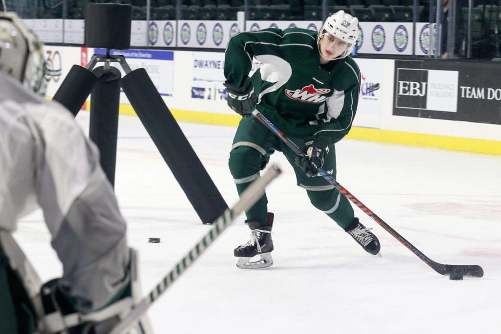 Silvertips rookie Gage Goncalves attempts a shot at goal during practice on Jan. 16, 2019, at Angel of the Winds Arena in Everett. (Kevin Clark / The Herald)
