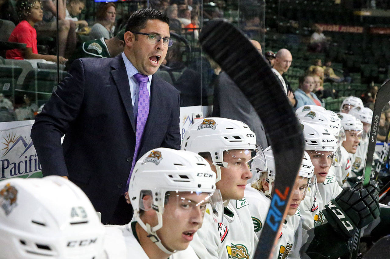 Everett Silvertips’ head coach Dennis Williams reacts to action against the Seattle Thunderbirds Saturday night at Xfinity Arena on September 2, 2017. (Kevin Clark / The Herald)