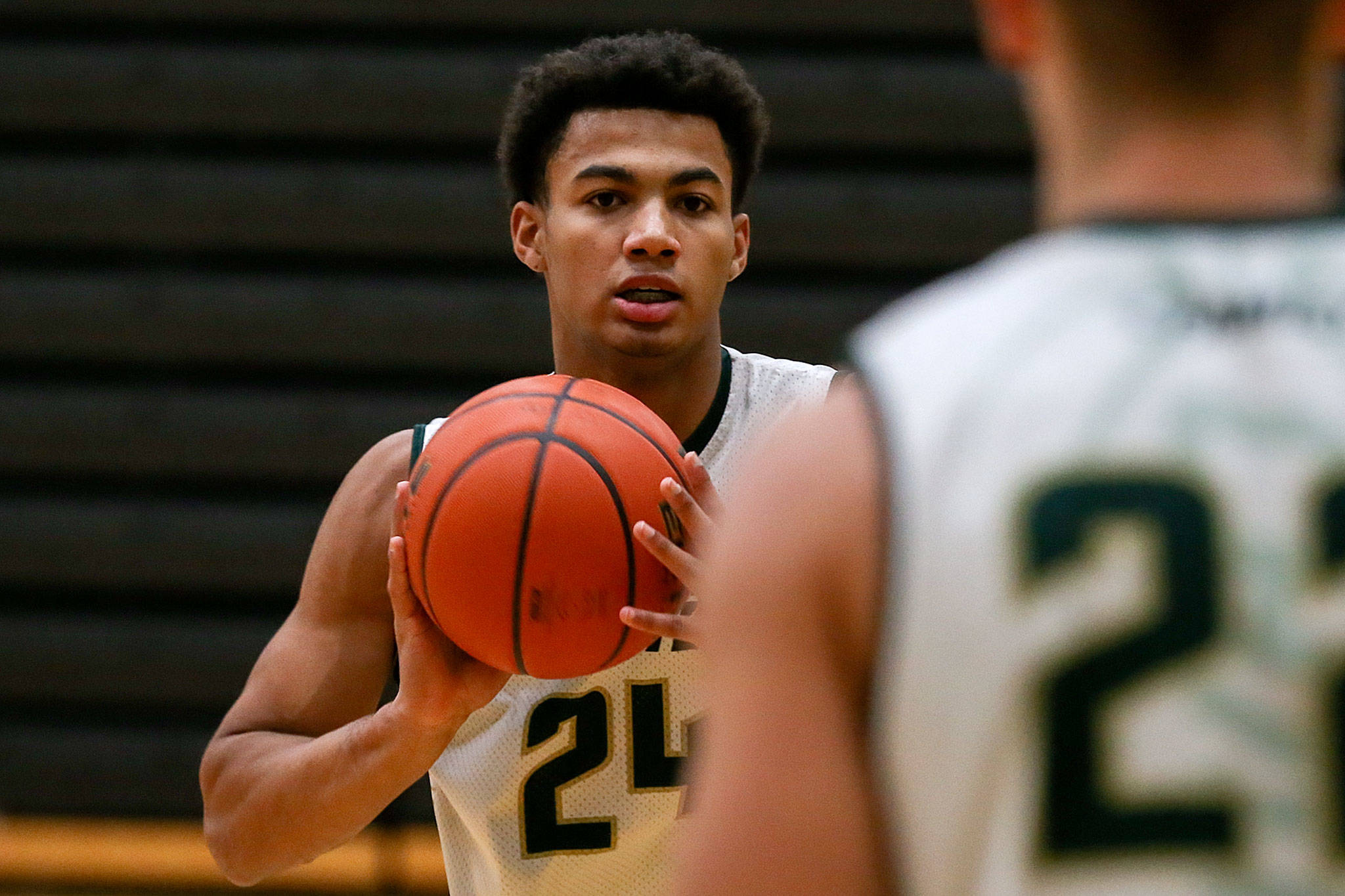 Marysville Getchell sophomore Malakhi Knight works through a passing drill during practice on Jan. 16, 2019, at Marysville Getchell High School. (Kevin Clark / The Herald)