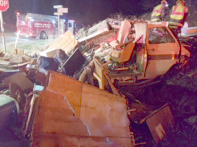A man was taken to Harborview Medical Center in Seattle and the motorhome he was driving was destroyed after a crash Wednesday, Jan. 16, on Highway 532 east of Stanwood. (Photo courtesy of the Washington State Patrol)