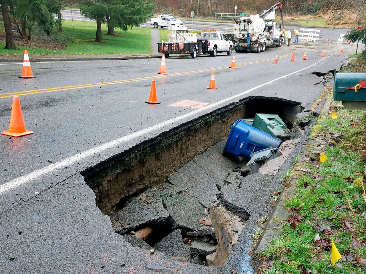 A water main break Thursday on the King-Snohomish county line created sinkholes on 43rd Place W at 244th Street Southwest. (City of Mountlake Terrace)