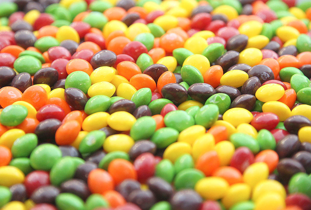 A closeup of a bowl of Skittles which are kept on the sidelines for running back Marshawn Lynch, No. 24 of the Seattle Seahawks, during the game against the San Francisco 49ers at CenturyLink Field in 2011 in Seattle. (Otto Greule Jr/Getty Images)