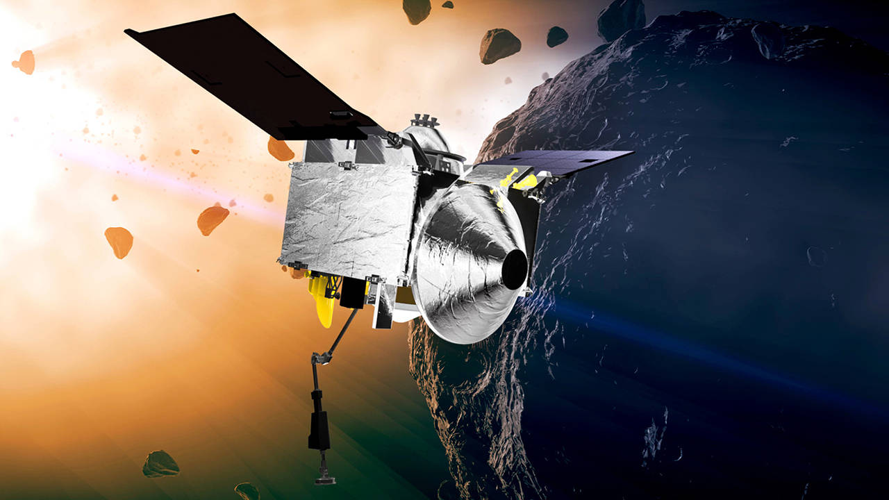 This illustration depicts the Osiris-Rex spacecraft at the asteroid Bennu. The Osiris-Rex spacecraft entered orbit Dec. 31, 2018, around the asteroid Bennu, 70 million miles (110 million kilometers) from Earth. (Conceptual Image Lab/Goddard Space Flight Center/NASA via AP, File)