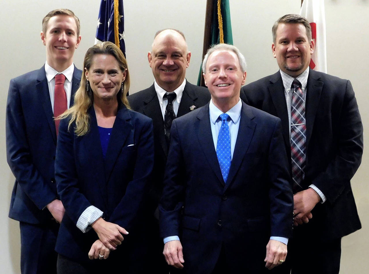 The Snohomish County Council for 2019 is (back row, from left) Nate Nehring, vice-chairman; Brian Sullivan; Sam Low; (front row, from left) Stephanie Wright; and Terry Ryan, chairman. (Snohomish County Council photo)
